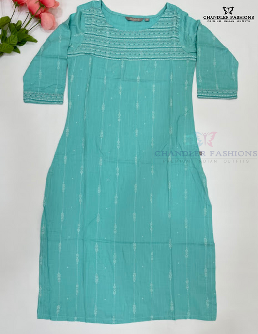 Stunning Sky Blue Colored Embroidery Work With Cotton Kurti For Women