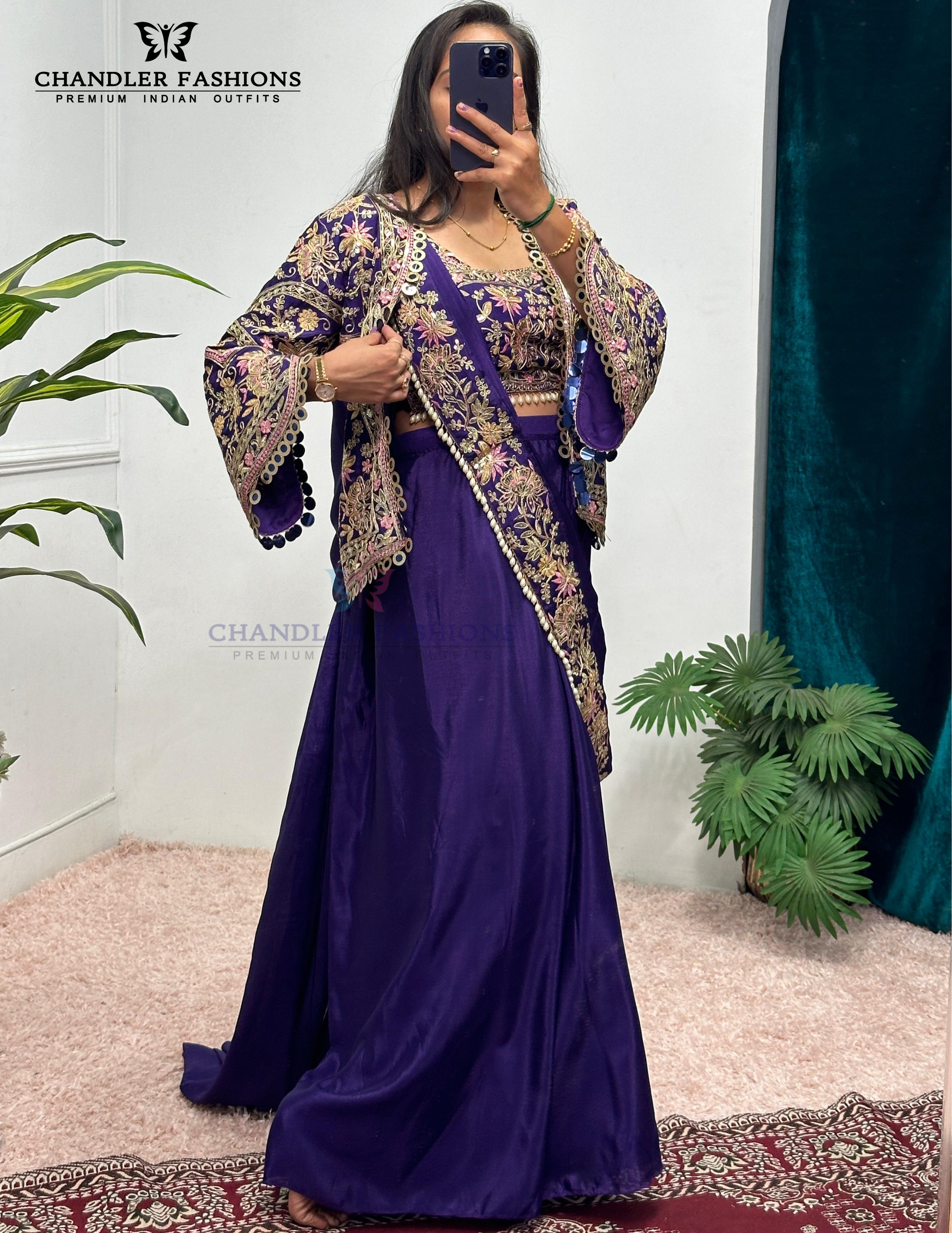 Wonderful Violet Color Heavy Embroidery Work Ready To Wear Saree In USA