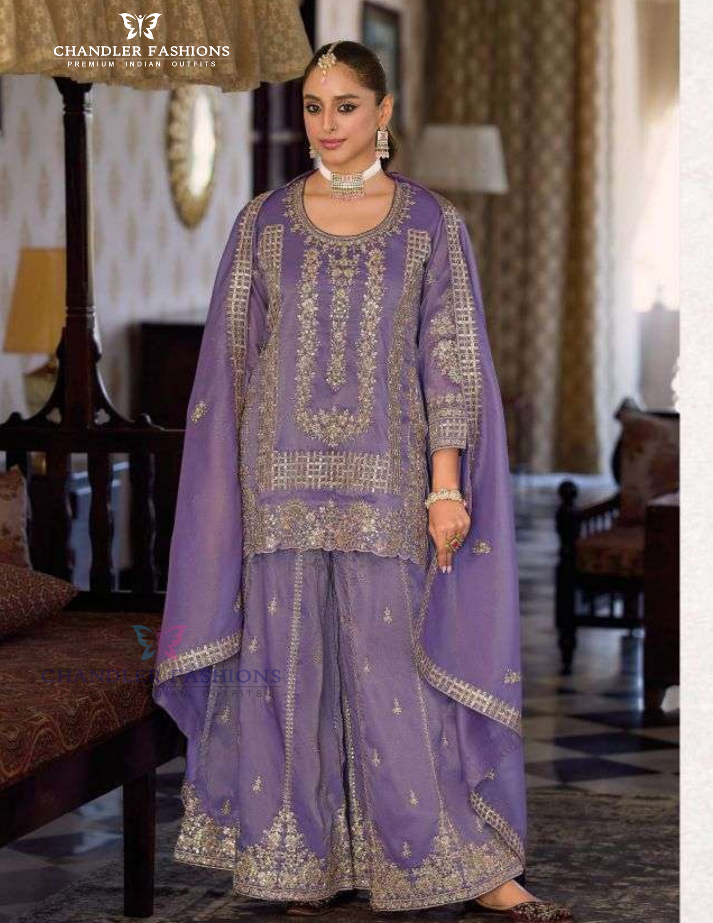 Stunning Purple Color Shimmer Palazzo Suits With Embroidery Work For Women