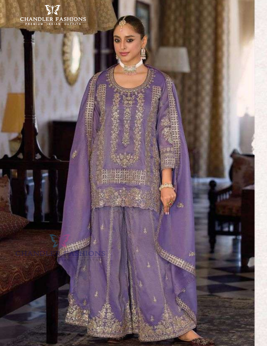 Stunning Purple Color Shimmer Palazzo Suits With Embroidery Work For Women