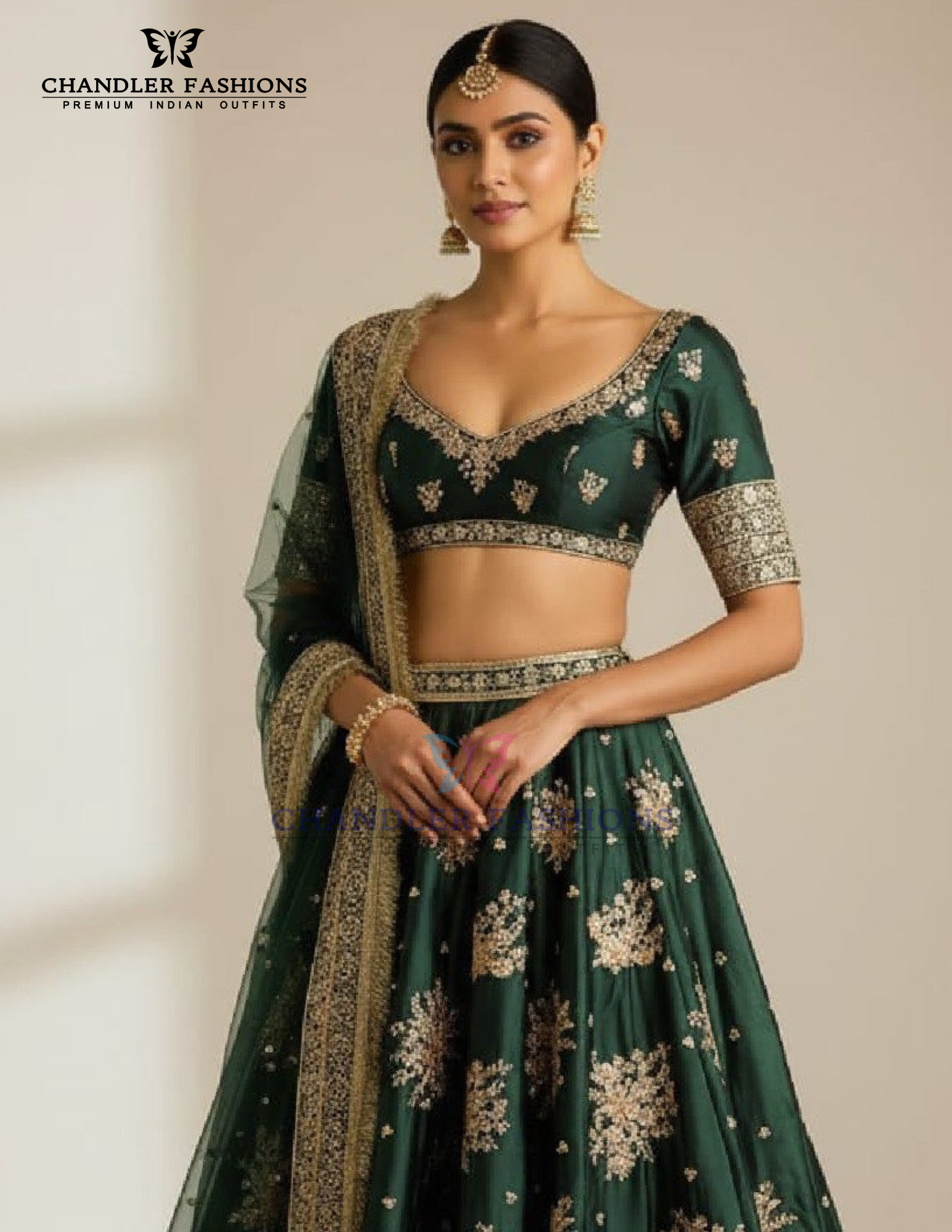 Green French Crepe With Thread Work Lehenga In USA