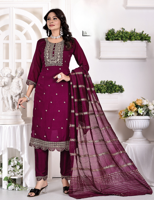 Gorgeous Wine Color Sequins and Zari Embroidery Work Salwar Suits With Dupatta