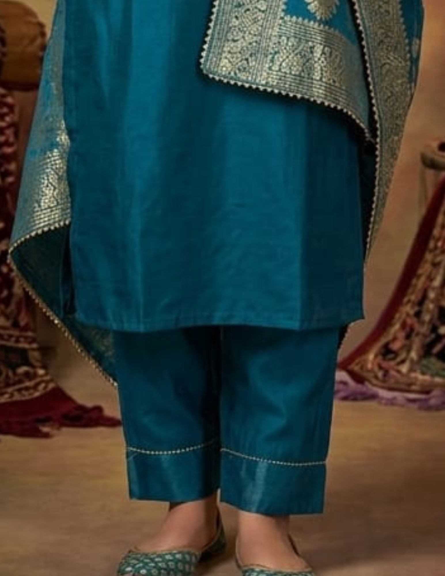 Exquisite Teal Green Color Silk Salwar Suits In Mesa