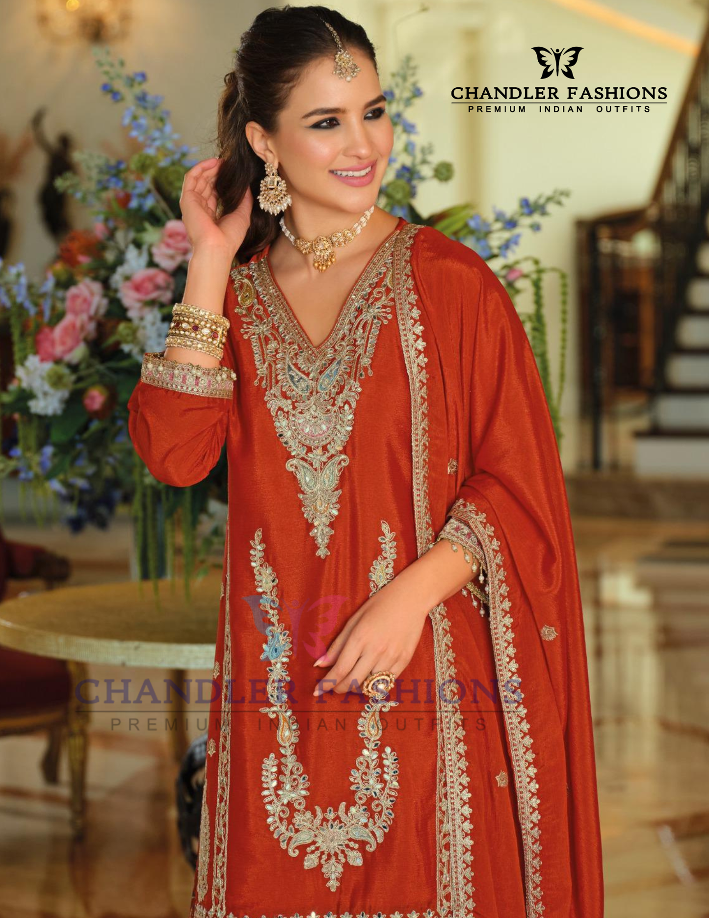 Orange Color Heavy Chinon With Embroidery Work Palazzo Suits And Dupatta In USA