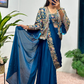Stunning Blue Color Heavy Embroidery Work Ready To Wear Saree For Women