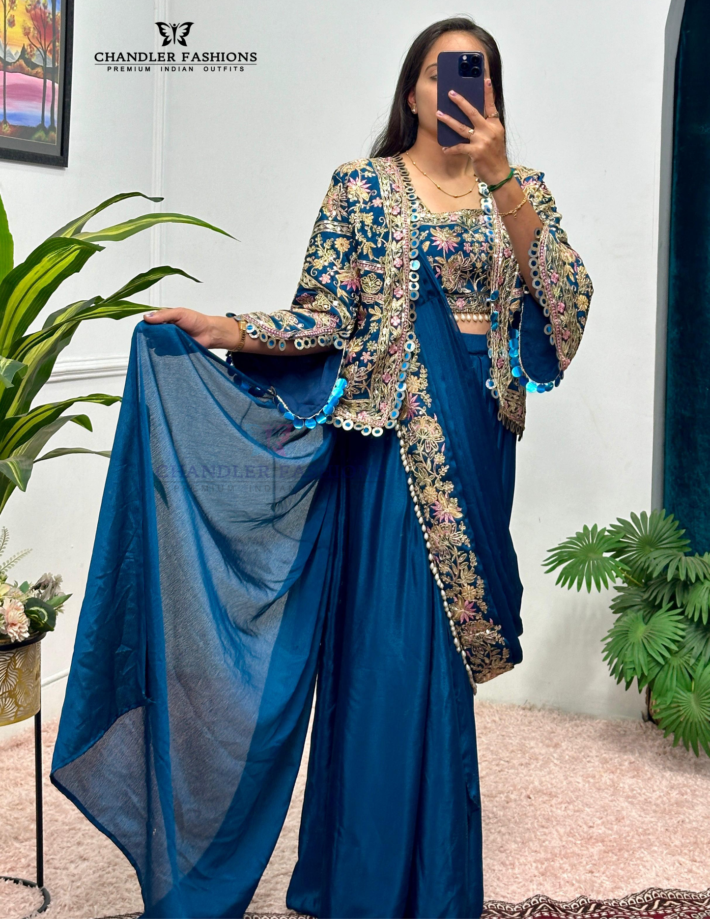 Stunning Blue Color Heavy Embroidery Work Ready To Wear Saree For Women