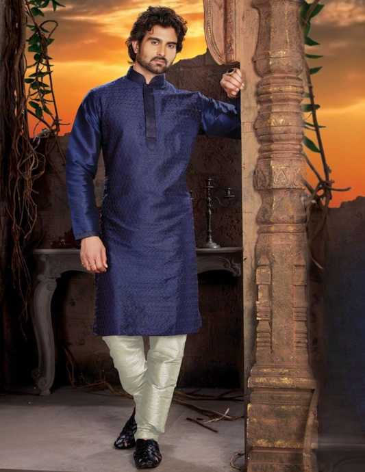 Beauteous Navy Blue Color Dupion Silk Lace Work With Pajama Set For Men's Kurta