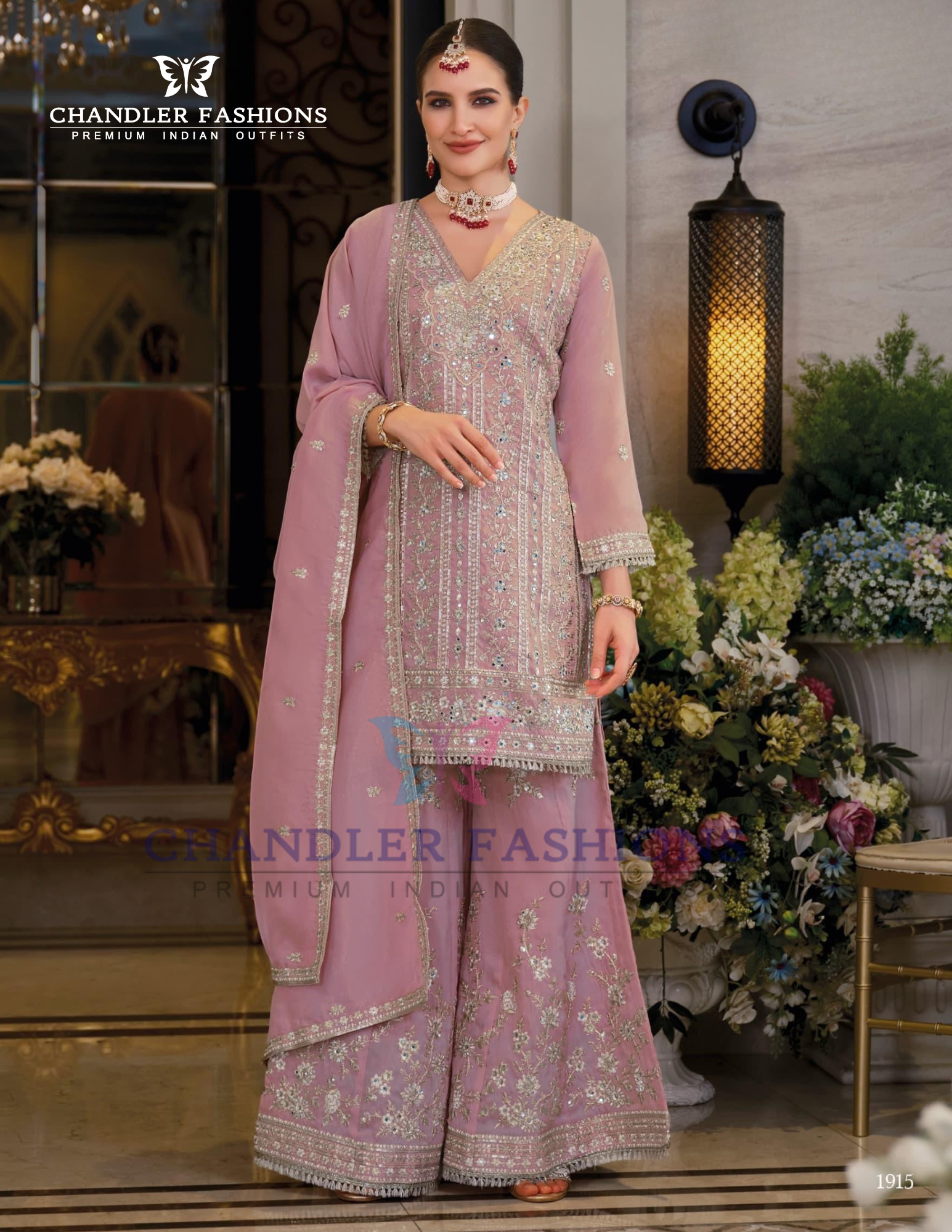 Appealing Lavender Color Shimmer With Embroidery Work Palazzo Suits And Dupatta