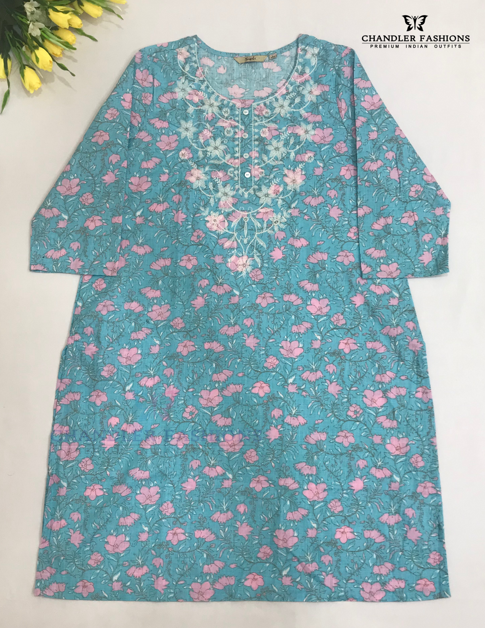 Attractive Sky Blue Color Cotton With floral And Embroidery Work Kurti For Women