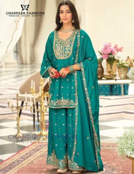 Stunning Green Color Chinon Silk With Embroidery Work Palazzo Suits For Women