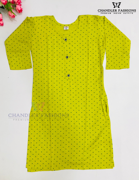 Stunning Yellow Color Rayon Printed Work Kurti For Girls