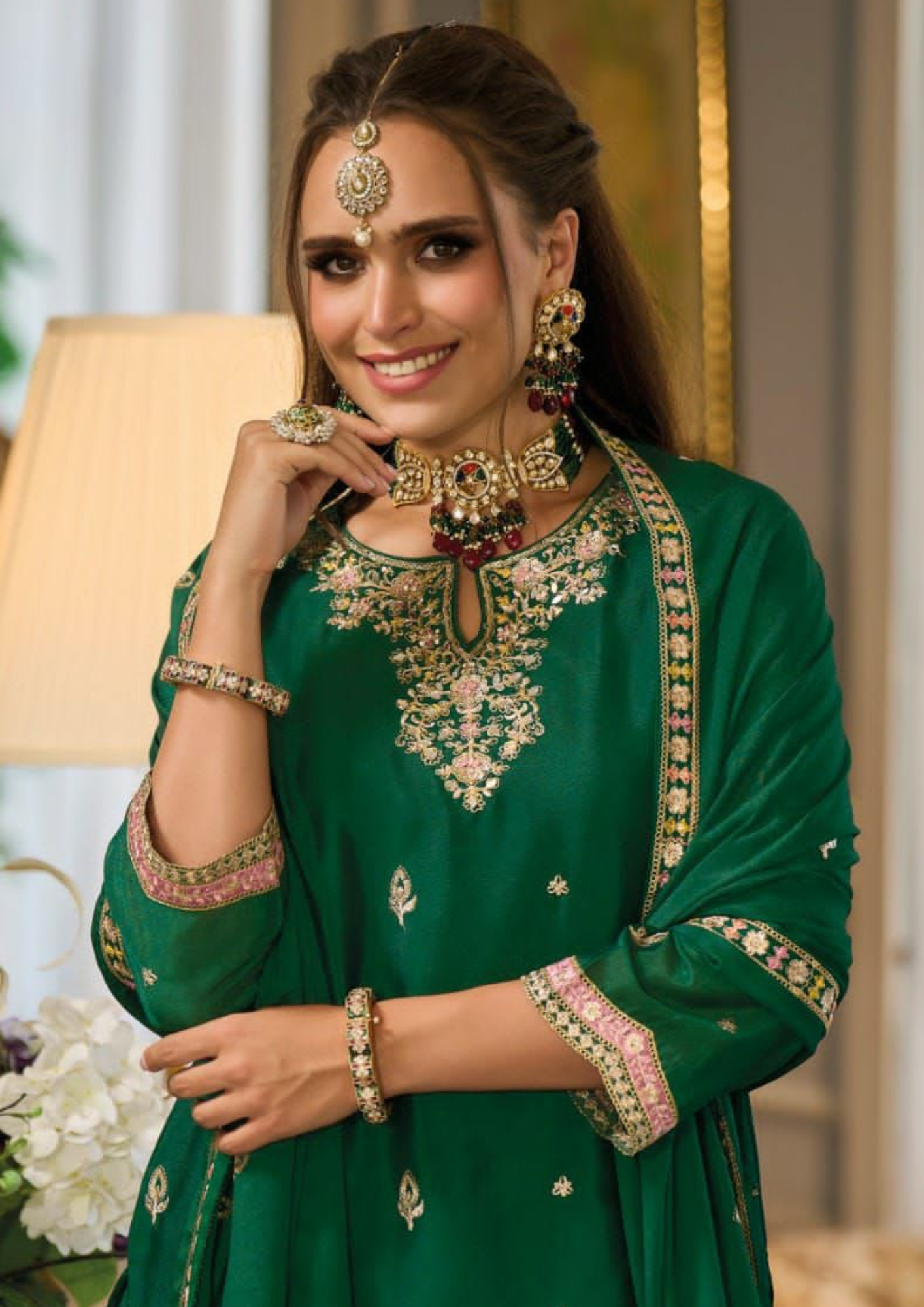 Alluring Green Color Embroidery Work Designer Palazzo Suits In Tempe