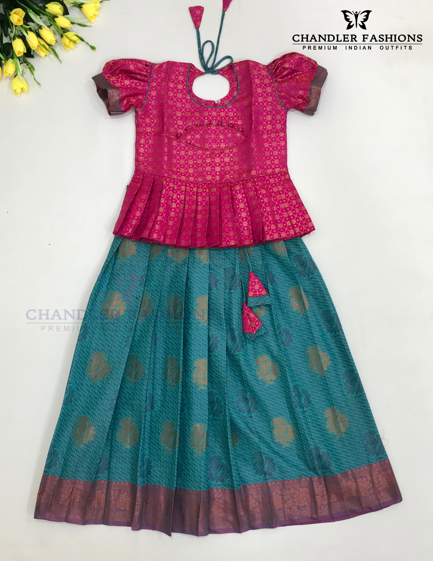 Pleasing Pink Colored Silk Langa Sets With Zari Work For Girls