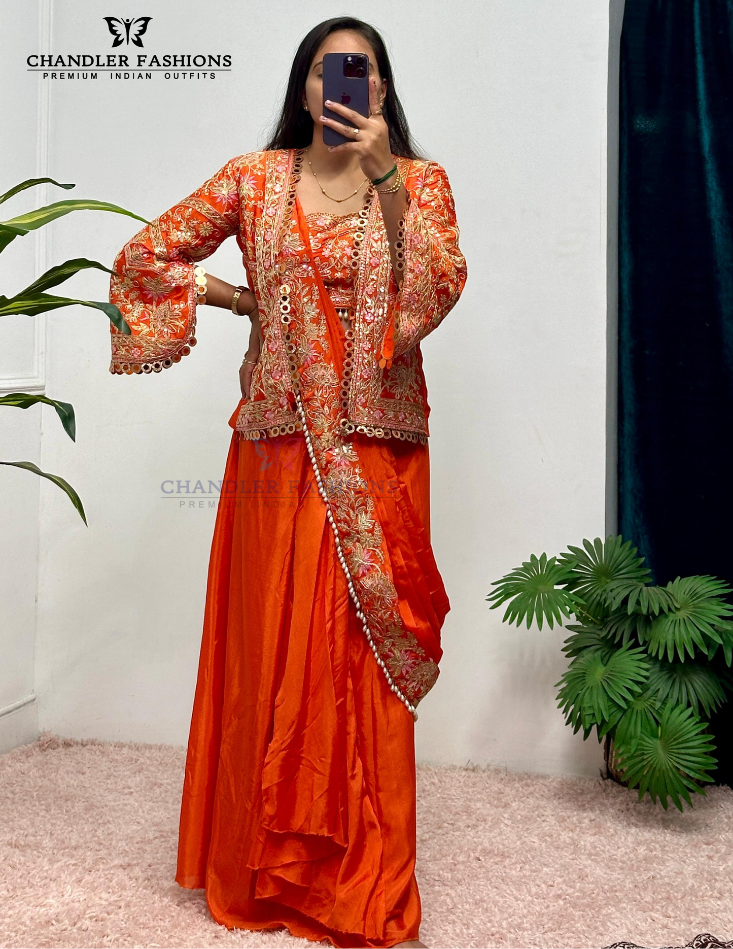 Charming Orange Color Heavy Embroidery Work Ready To Wear Saree For Women Near Me