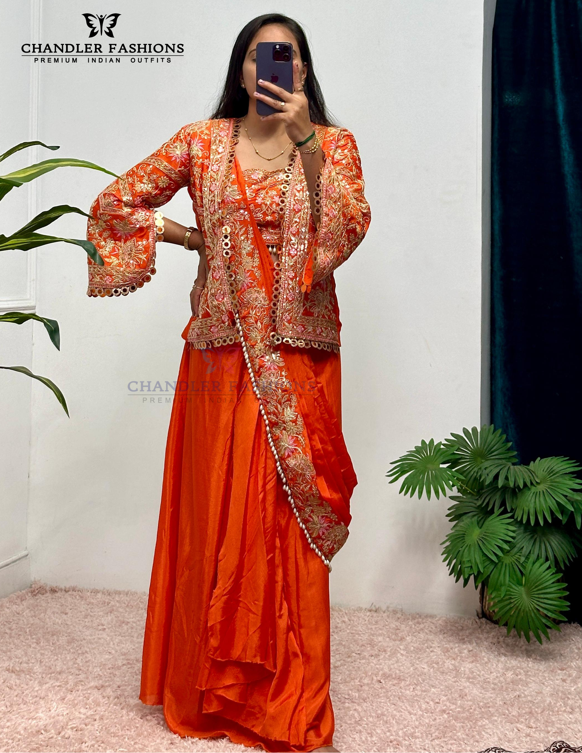Charming Orange Color Heavy Embroidery Work Ready To Wear Saree For Women Near Me