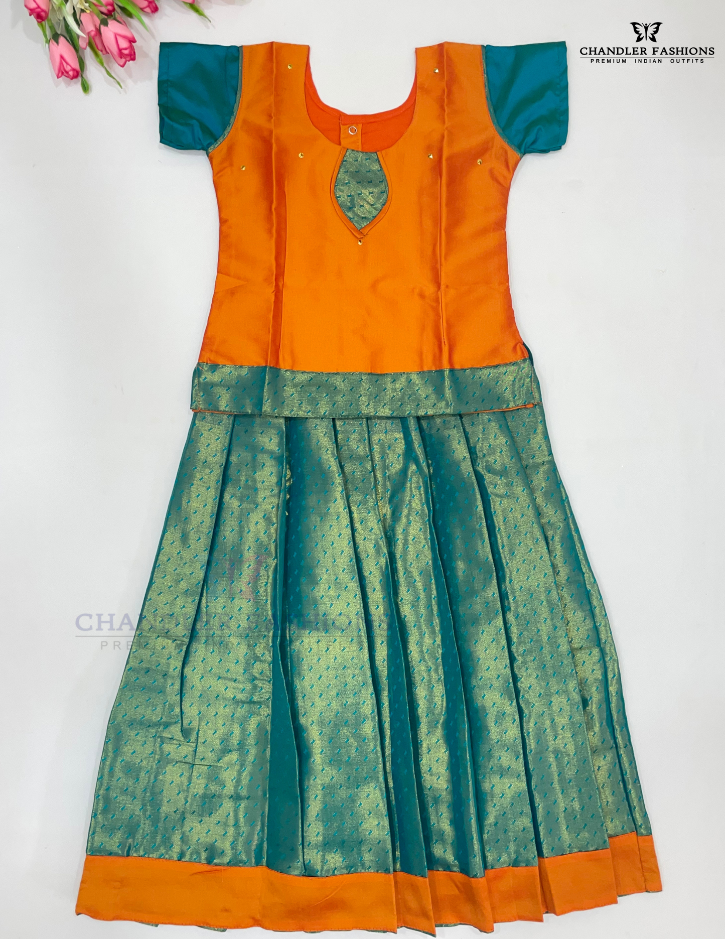 Stunning Orange And Green Colored Silk Langa Sets With Stone Work For Girls