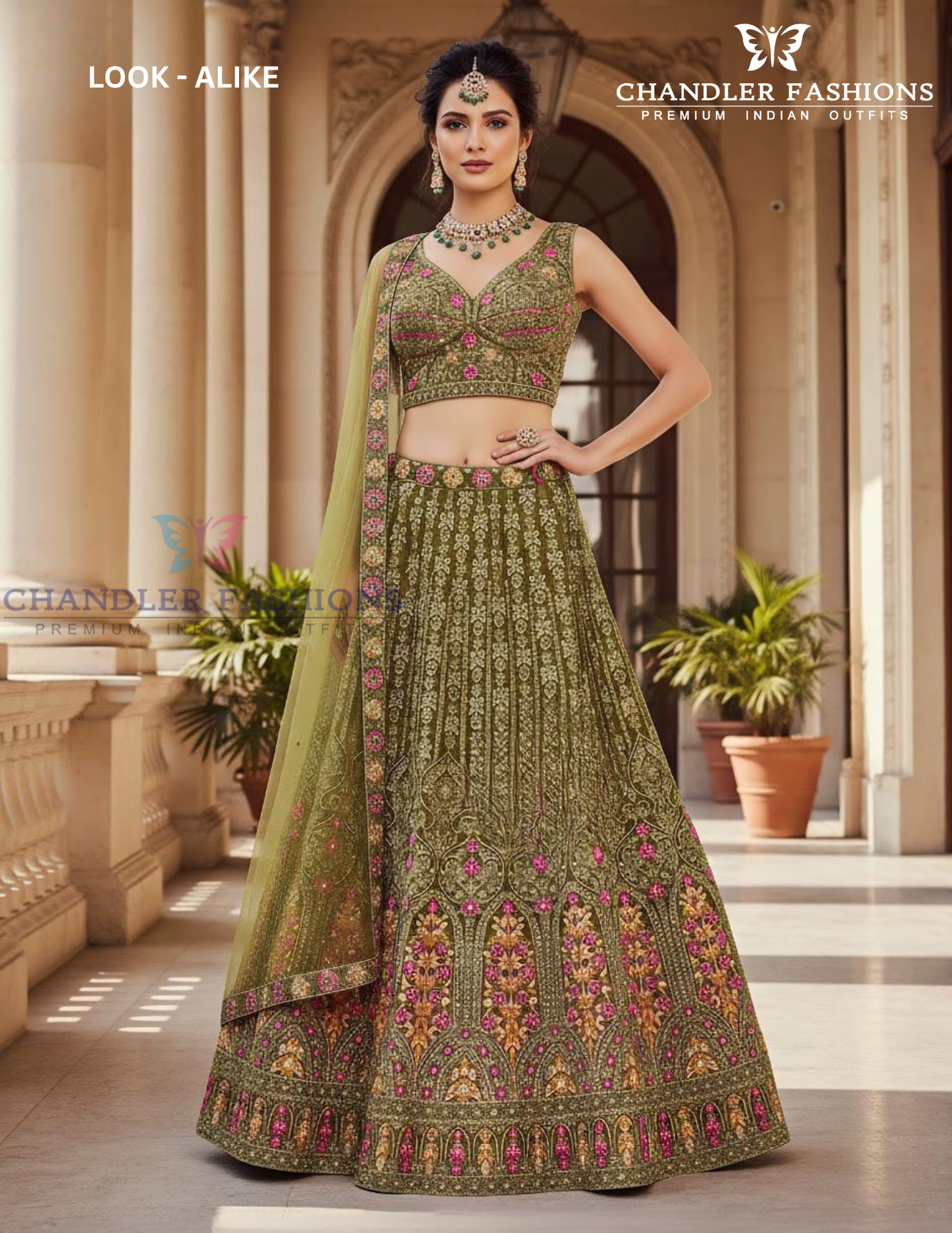 Charming Olive Green Net With Embroidery And Sequins Work Lehenga For Women