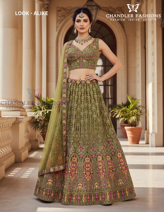 Charming Olive Green Color Net With Embroidery And Sequins Work Lehenga For Women