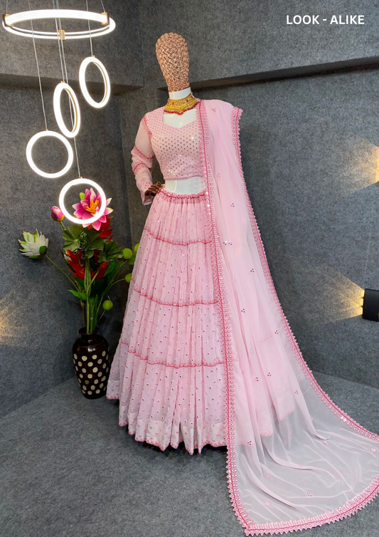 Fabulous Pink Color Embroidery Party Wear Georgette Lehenga choli With Mirror Work Border