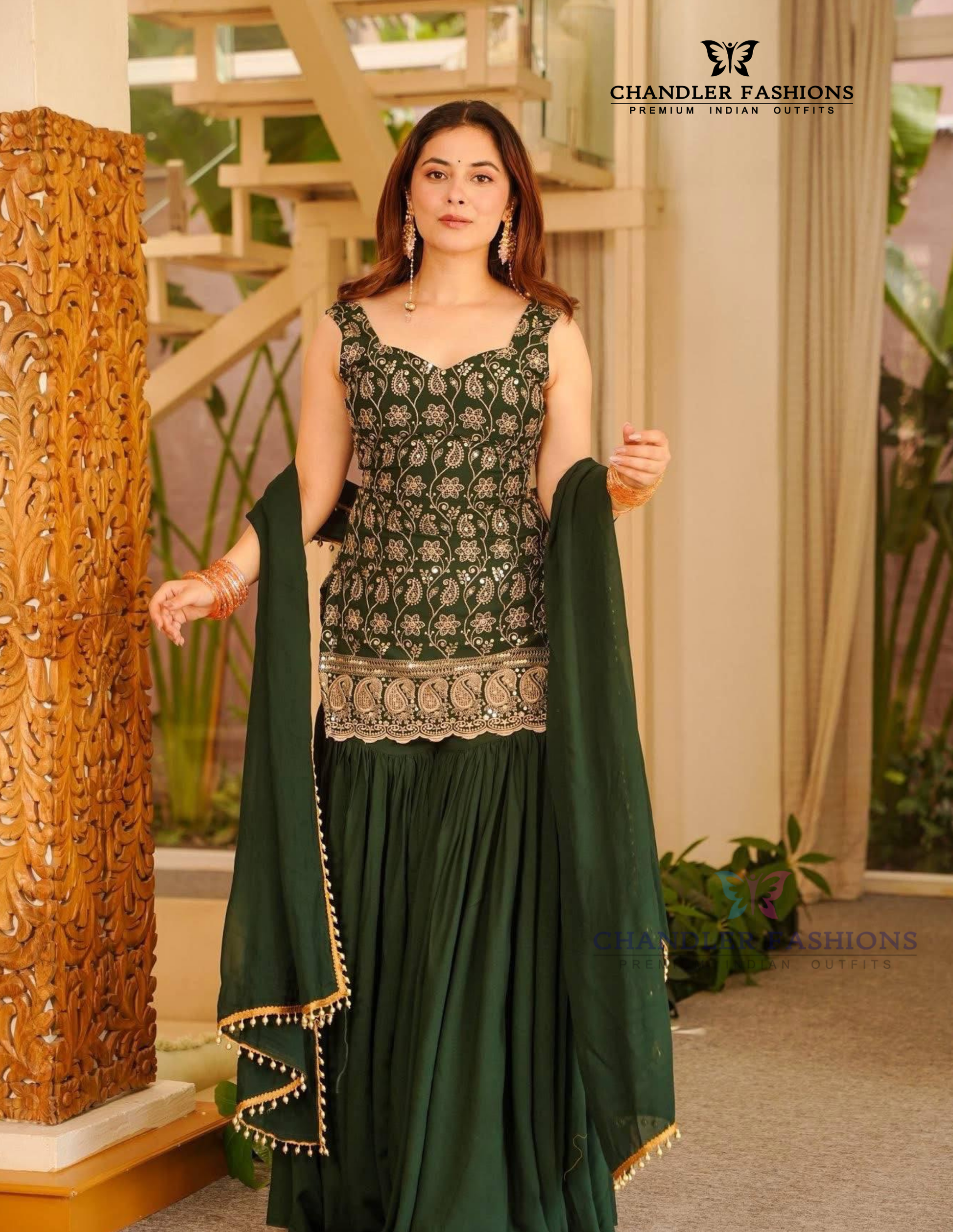Pleasing Green Color Faux Georgette Palazzo Suit With Embroidery And Backside Drawstring Work