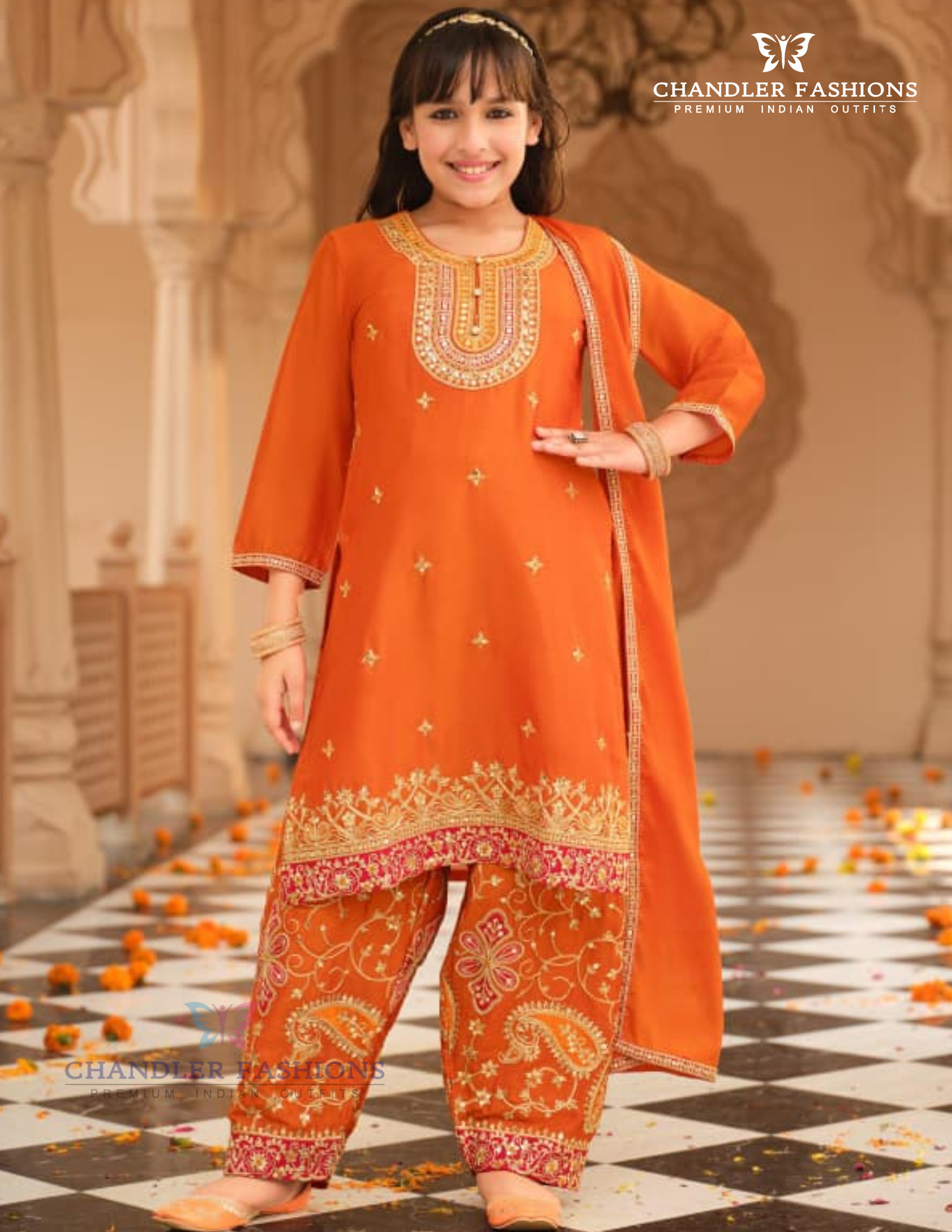 Orange Color Chinon With Embroidery Work Kurtis Suits Near Me