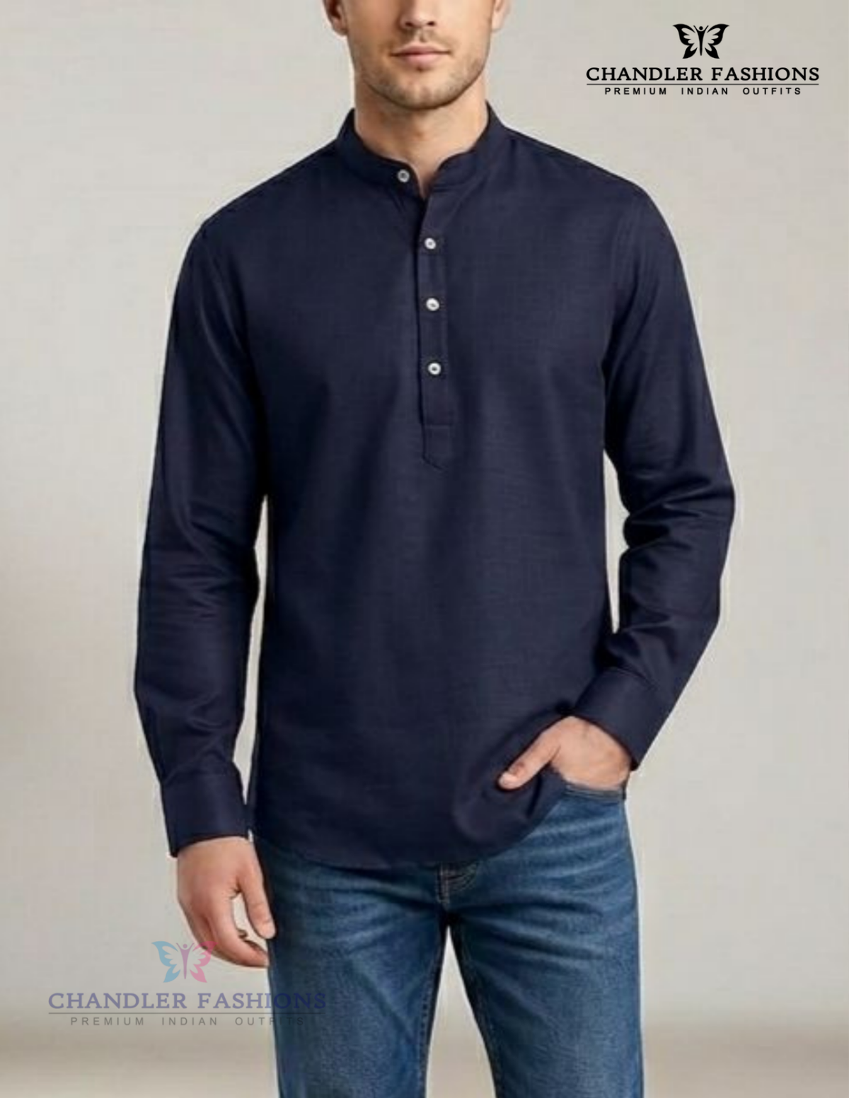 Glorious Navy Blue Color Heavy Cotton Short Kurta For Men