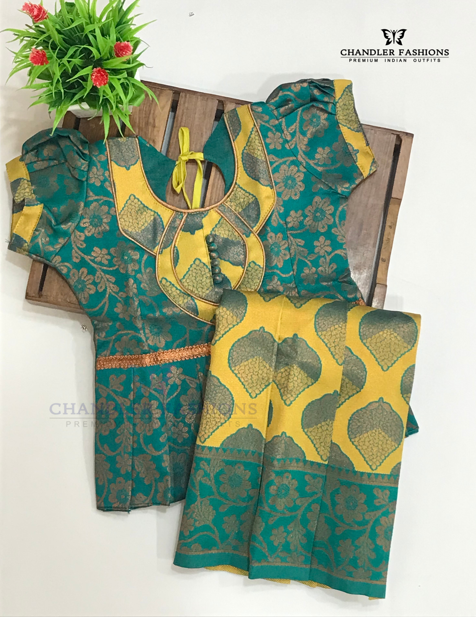 Green And Yellow Colored Silk Langa Sets In USA