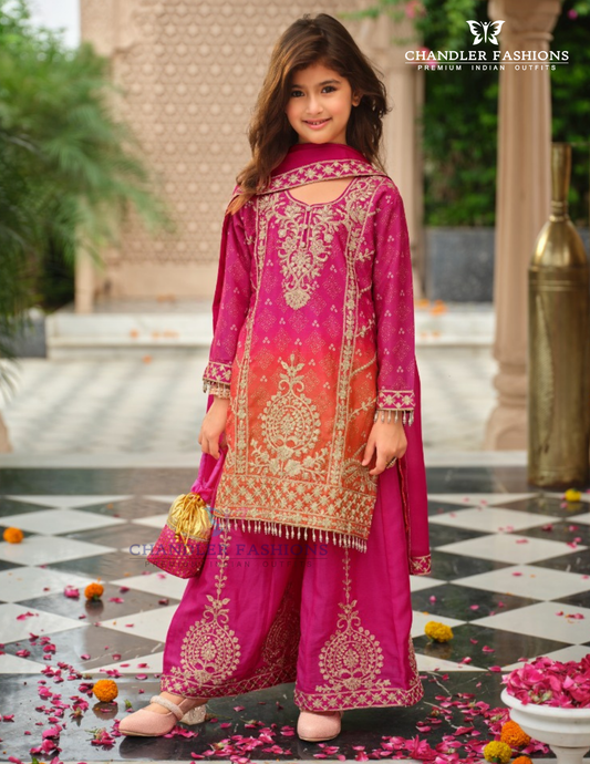 Alluring Pink Color Chinon With Embroidery Work Palazzo Suits For Girls