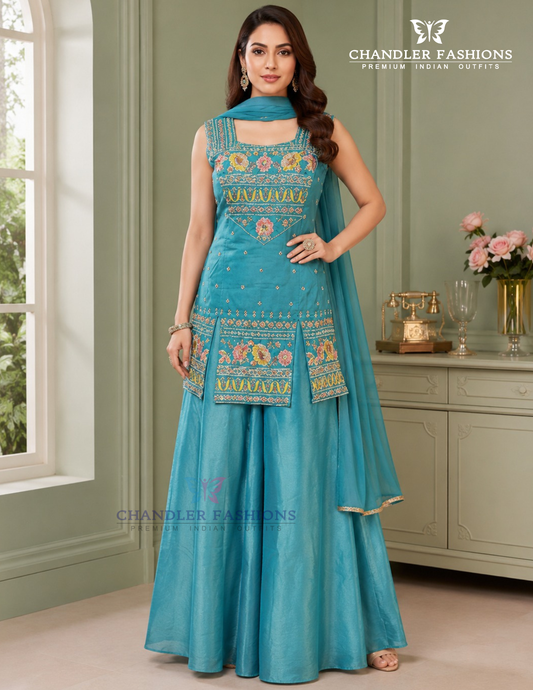 Amazing Teal Green Color Silk With Embroidery Work Sharara Suits With Dupatta For Women