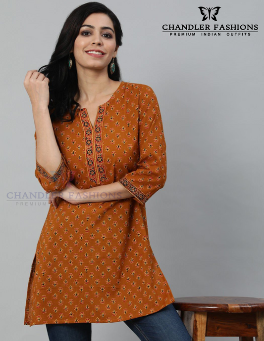 Alluring Orange Red Color Cotton With Printed Work Short Kurti For Women