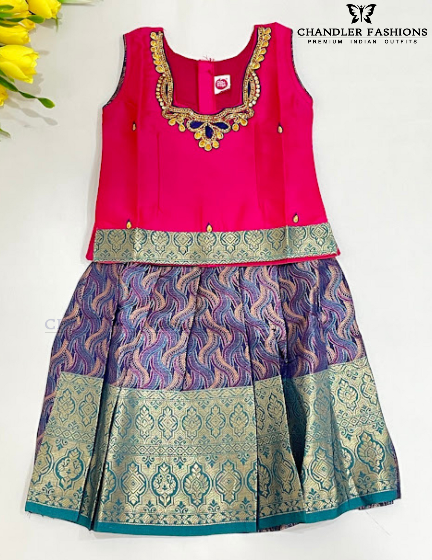 Attractive Pink Colored Silk Langa Sets With Stone Work For Girls