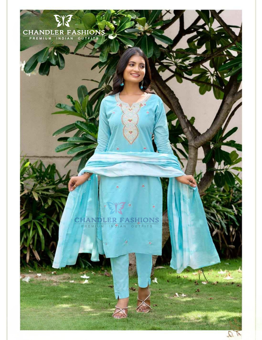 Stunning Sky Blue Color Cotton With Embroidery Work Salwar Suits For Women