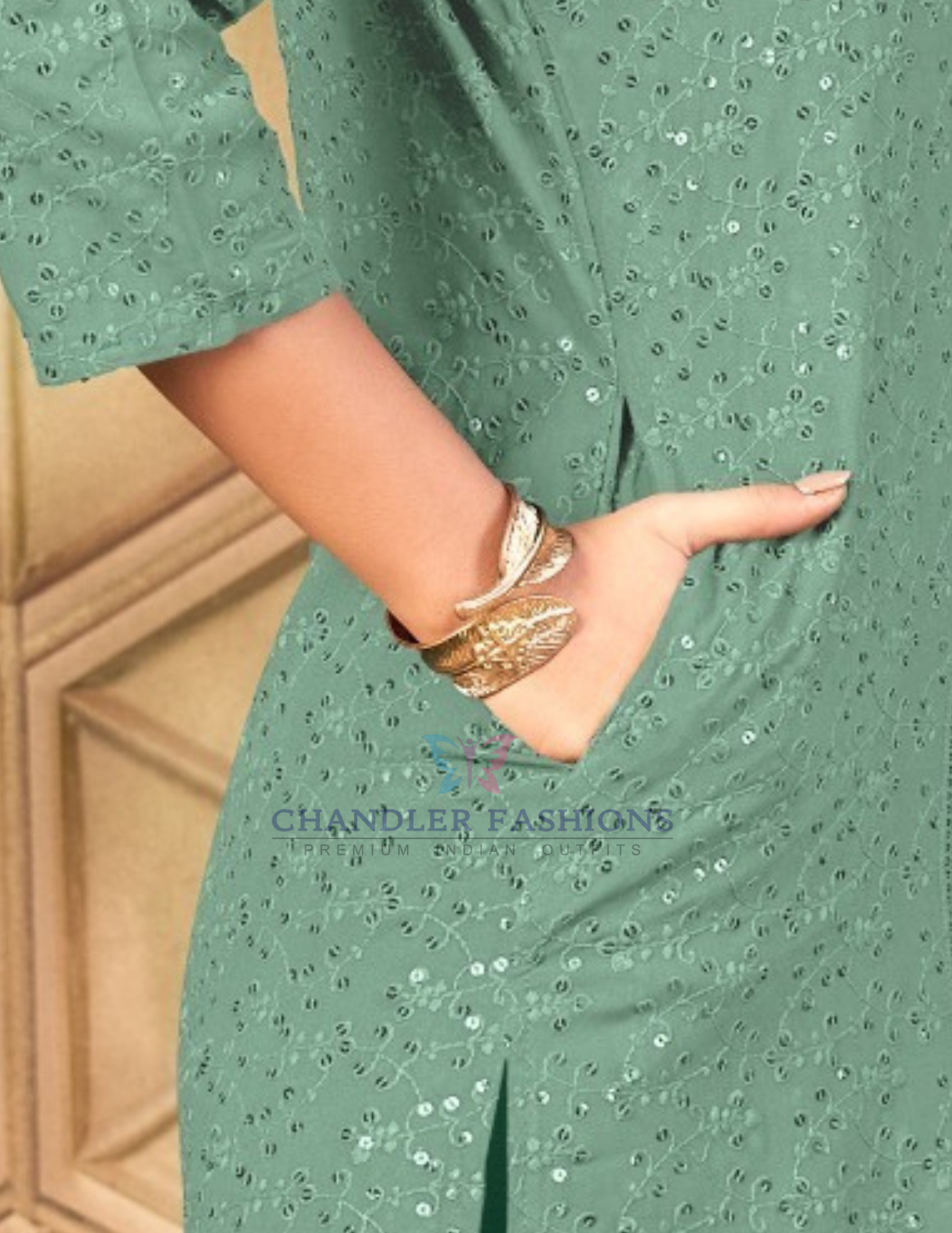 Green Color Rayon With Chikankari And Sequins Work Kurti In USA