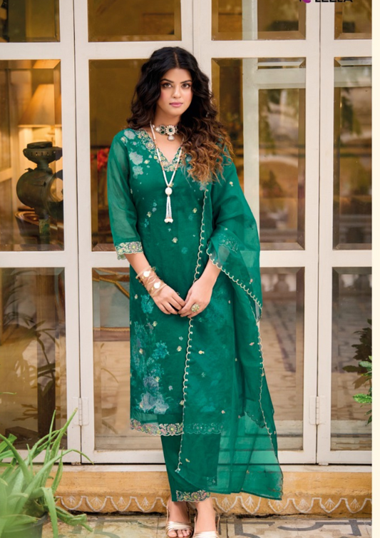 Delightful Dark Green Color Organza Embroidered Work Kurti With Pants And Dupatta