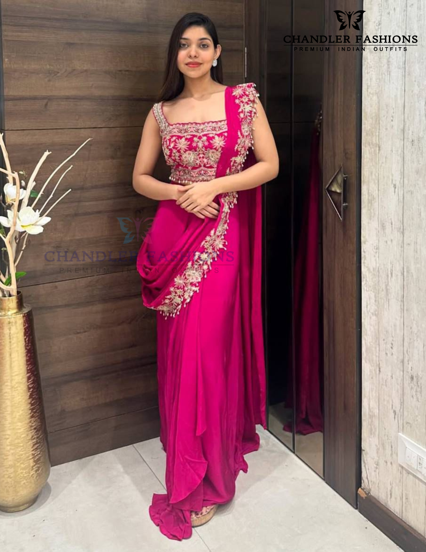 Attractive Dark Pink Color Heavy Embroidery Work Ready To Wear Saree For Women Near Me
