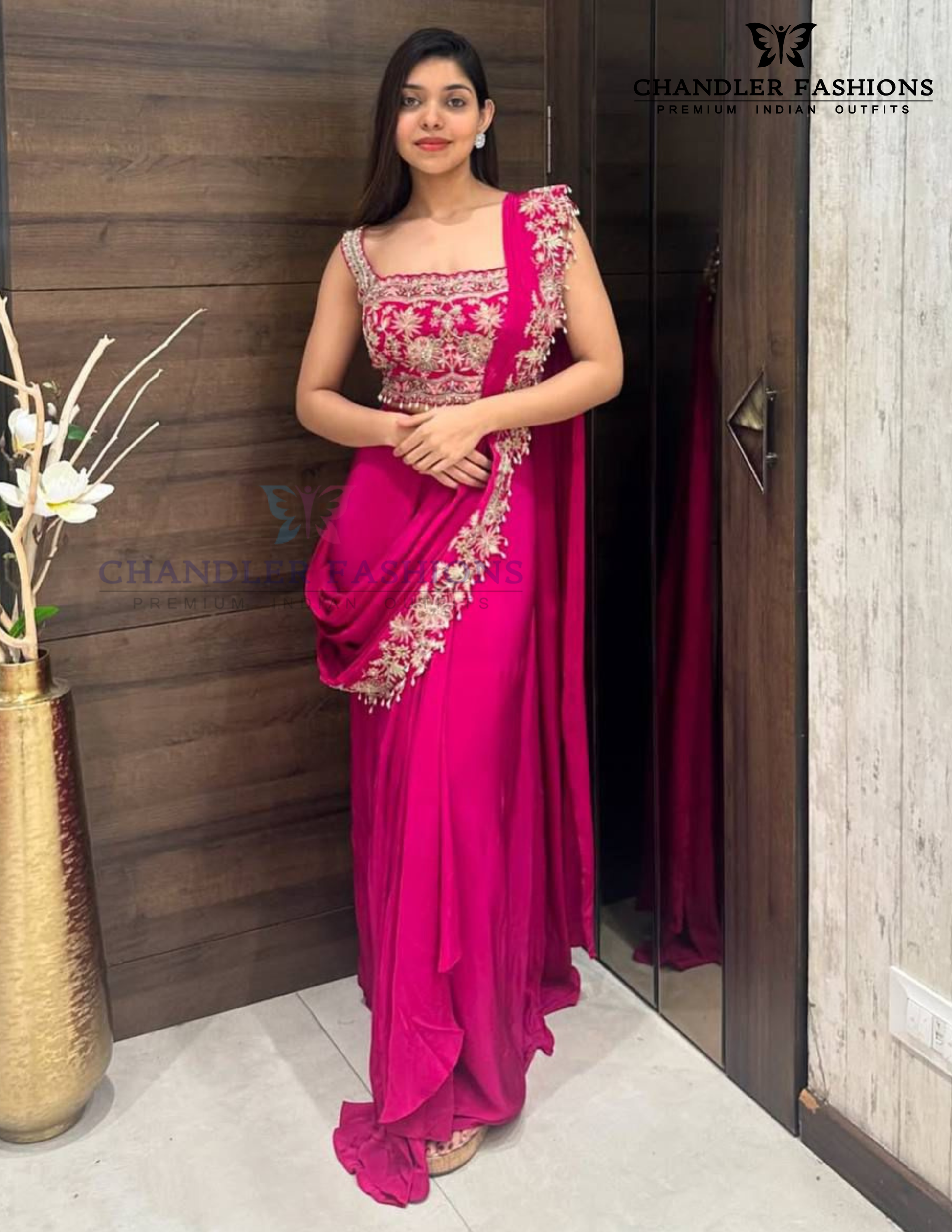 Attractive Dark Pink Color Heavy Embroidery Work Ready To Wear Saree For Women Near Me