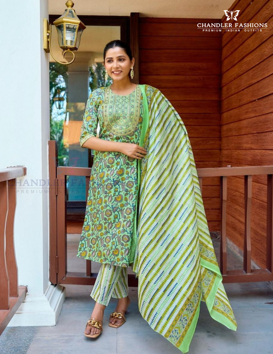Wonderful Light Green Color Cotton Printed Embroidery Work Salwar Suits With Dupatta Set 