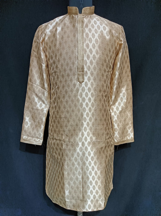 Dazzling Gold Color Designer Banarasi Brocade Kurta With Linning And Pajama Pant For Men