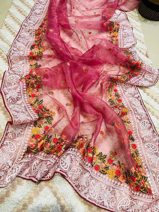 Attractive Pink Colored Thread Chikankari Work In Pallu And Multiple Viscose Border Saree For Women