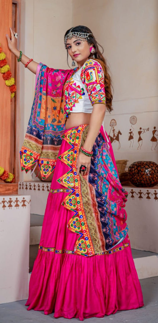 Attractive Rayon With Ready Mirror Lace Work Chaniya Choli Lehenga With Dupatta Sets