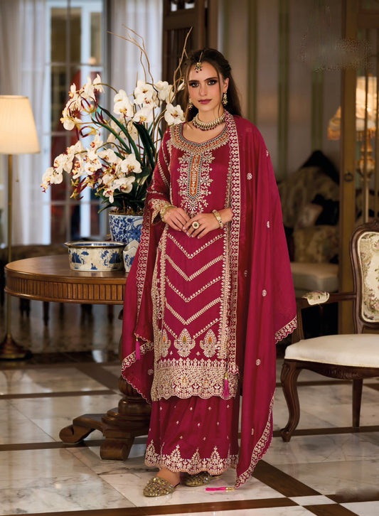 Dazzling Pink Color Premium Silk And Embroidery Work Sharara Suits With Dupatta For Women
