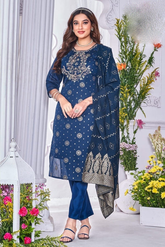 Charming Blue Color Silk Salwar Suits With Banarasi Dupatta For Women