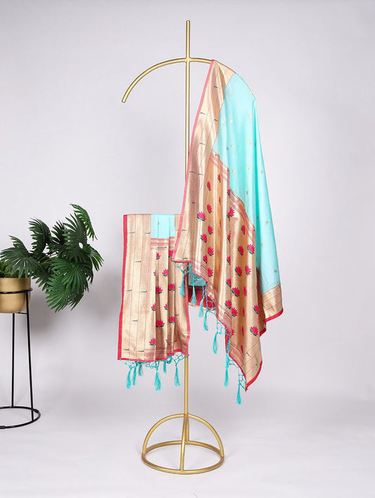 Charming Sky Blue Colored Jacquard Silk Weaving Zari Work With Tassels Dupatta For Women