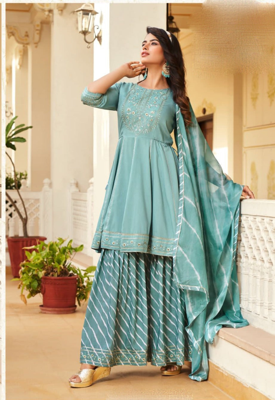 Stunning Teal Blue Colored Designe Indo Western Suits With Embroidery Sequins Work And Dupatta