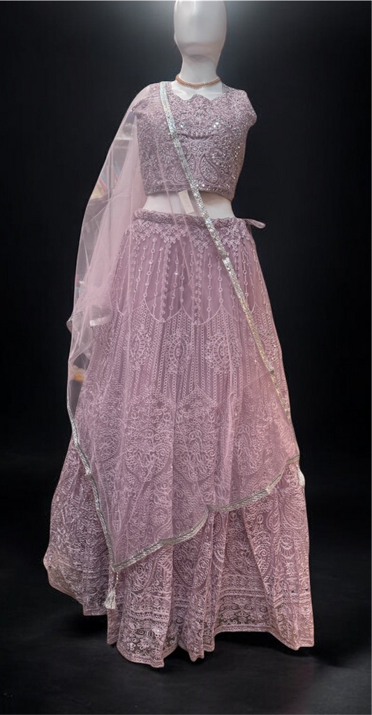 Elegant Pastel Pink Color Net With Embroidery Work Lehenga Choli For Women