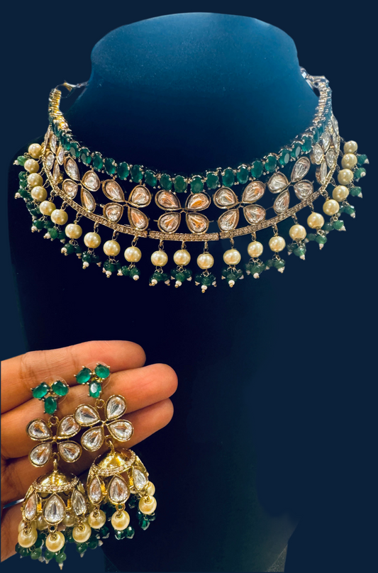 Fabulous Kundan Style Green And White Stones Choker With Earrings Set For Women