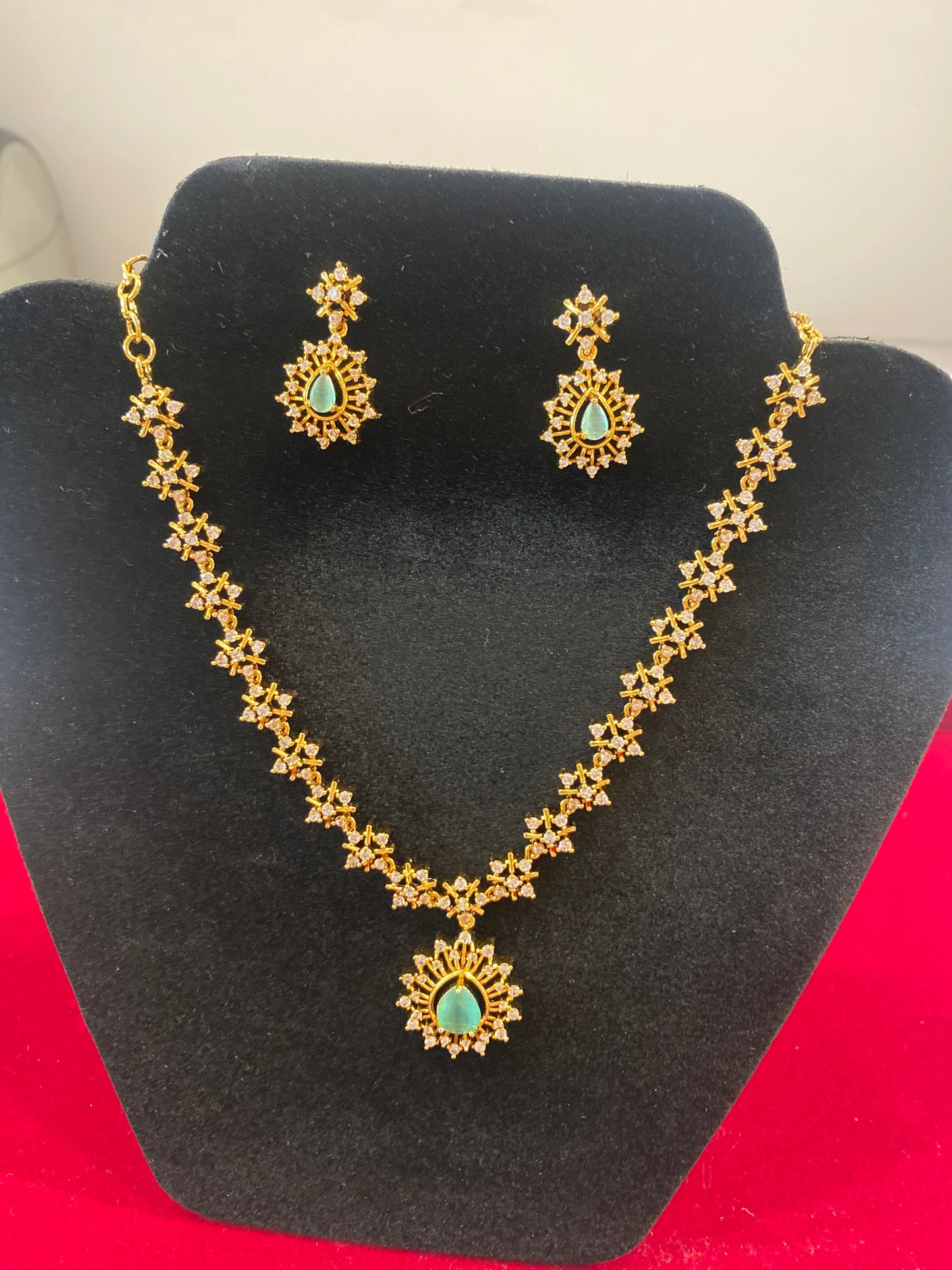 Beautiful Teal Green and White Stones  Gold Plated Necklace With Earrings Set