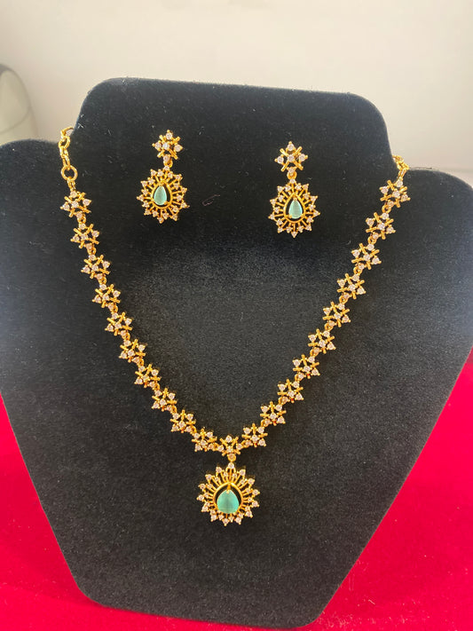 Beautiful Teal Green and White Stones  Gold Plated Necklace With Earrings Set