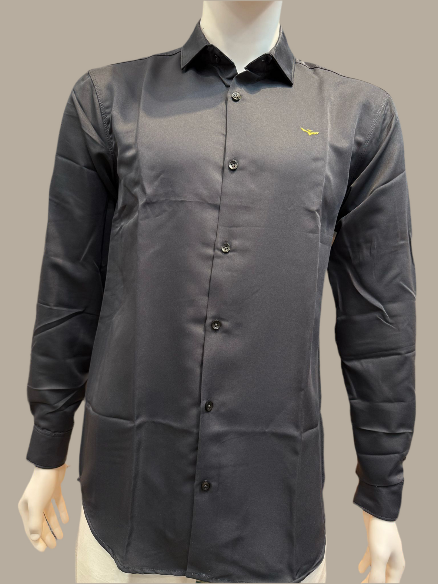 Pleasing Dark Grey Color Full Sleeve Shining Silk Shirts For Men