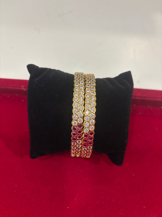 Terrific White And Red Color Stones Gold Plated Bangle Set For Women